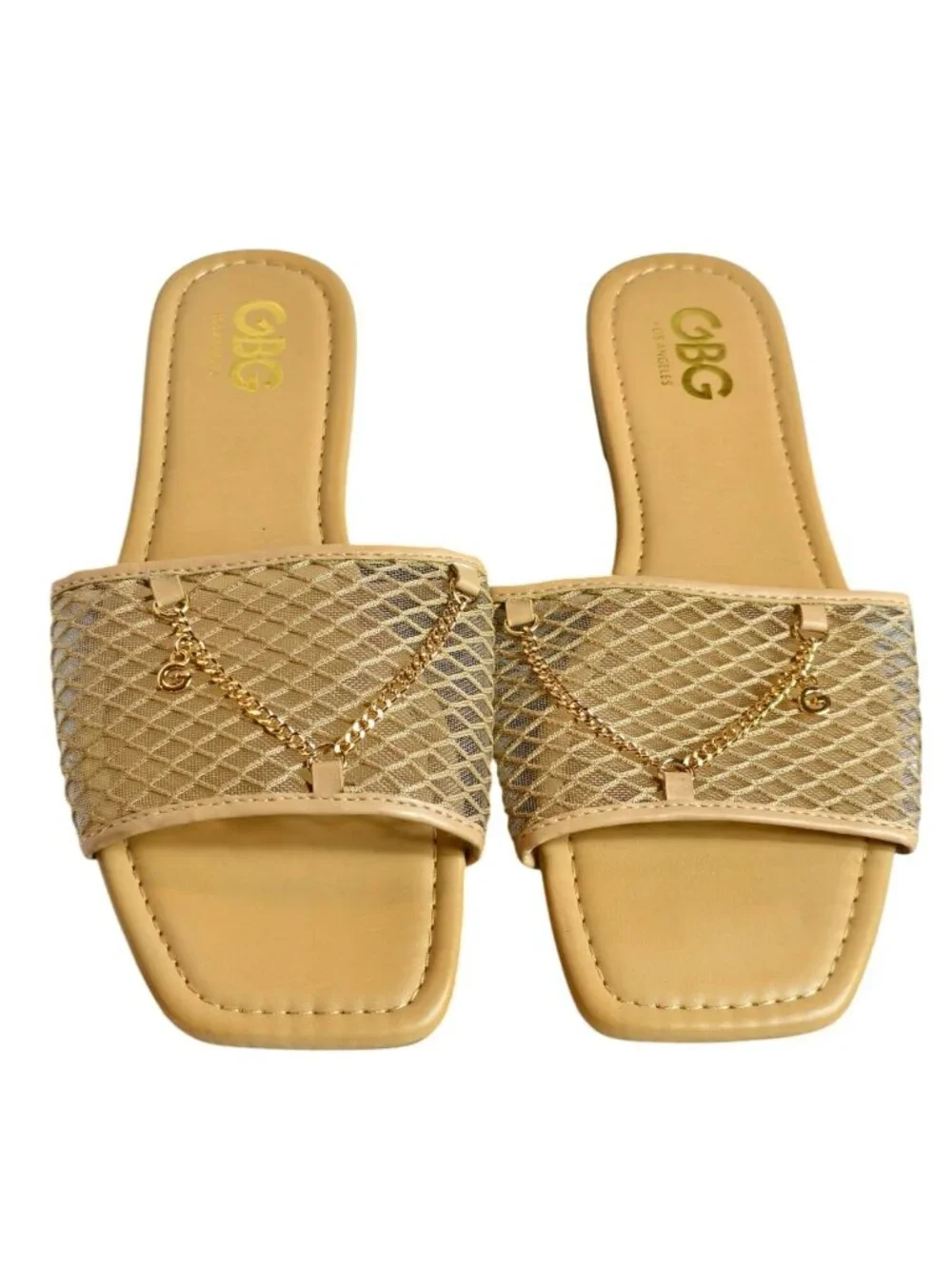 GBG Los Angeles Womens 10M Slide Sandals Tan Gold Chain 
